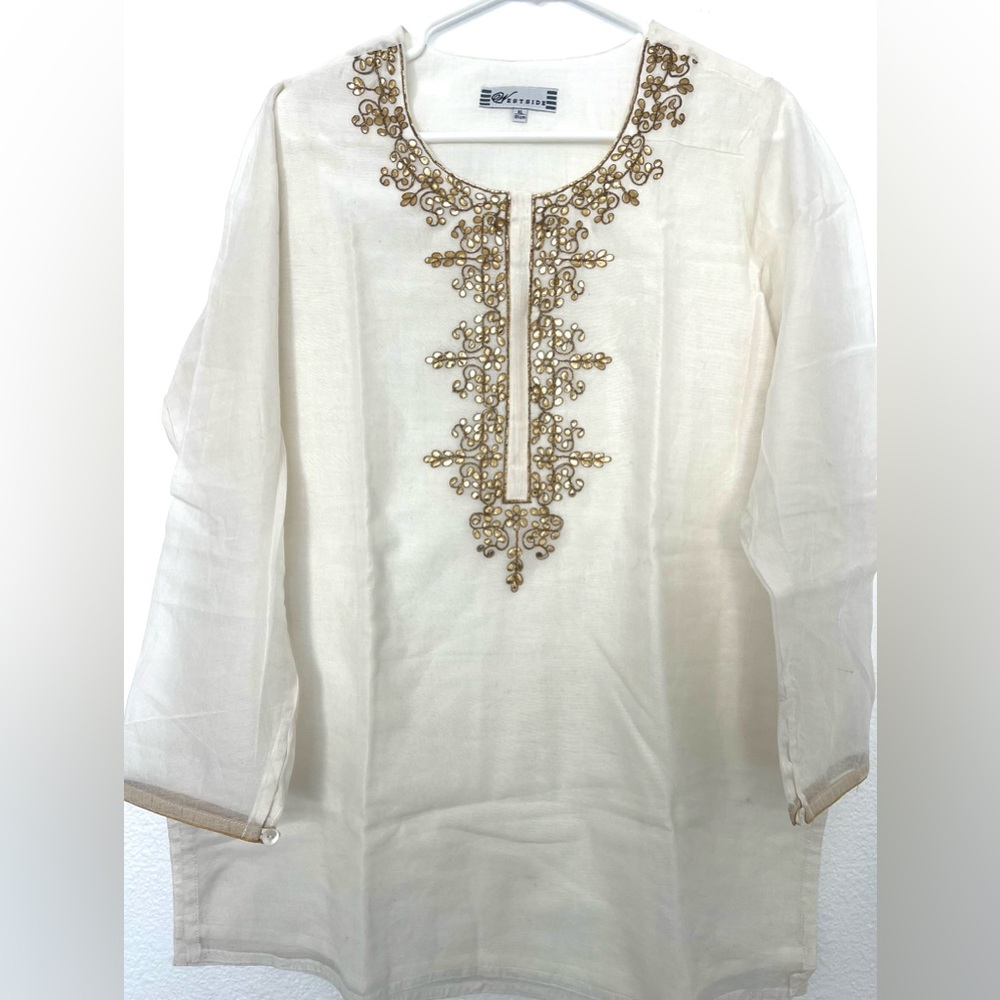 Elegant White and Gold Embroidered Women's Tunic Top